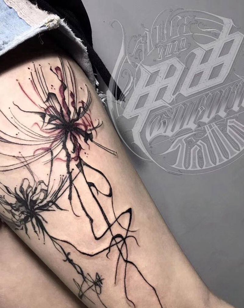 挥墨为蕊纹身图片_腿部水墨纹身图案