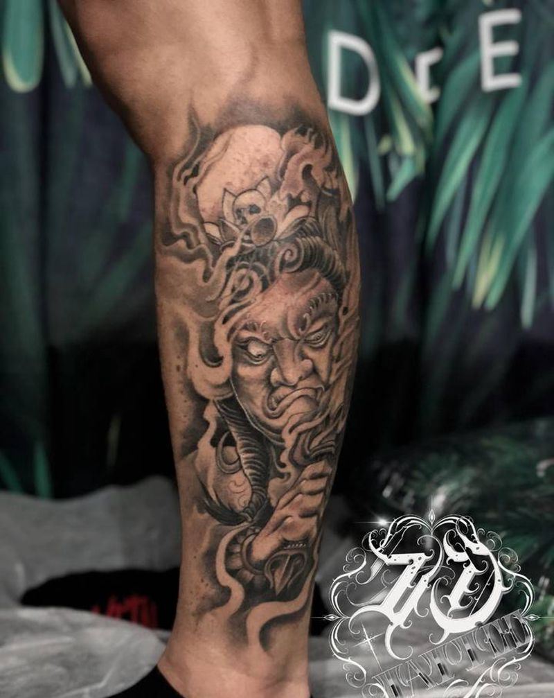 小腿明王纹身图片_腿部新传统纹身图案