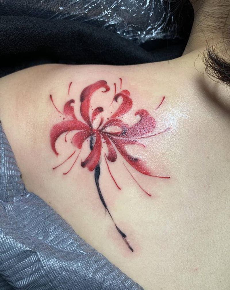 彼岸花纹身图片_背部水彩彼岸花纹身图案