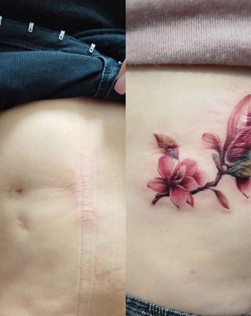 遮盖纹身图片_腰部腹部水彩欧美写实纹身图案