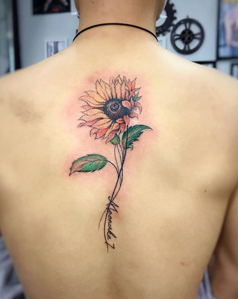 向日葵纹身图片_背部颈部水彩新传统纹身图案