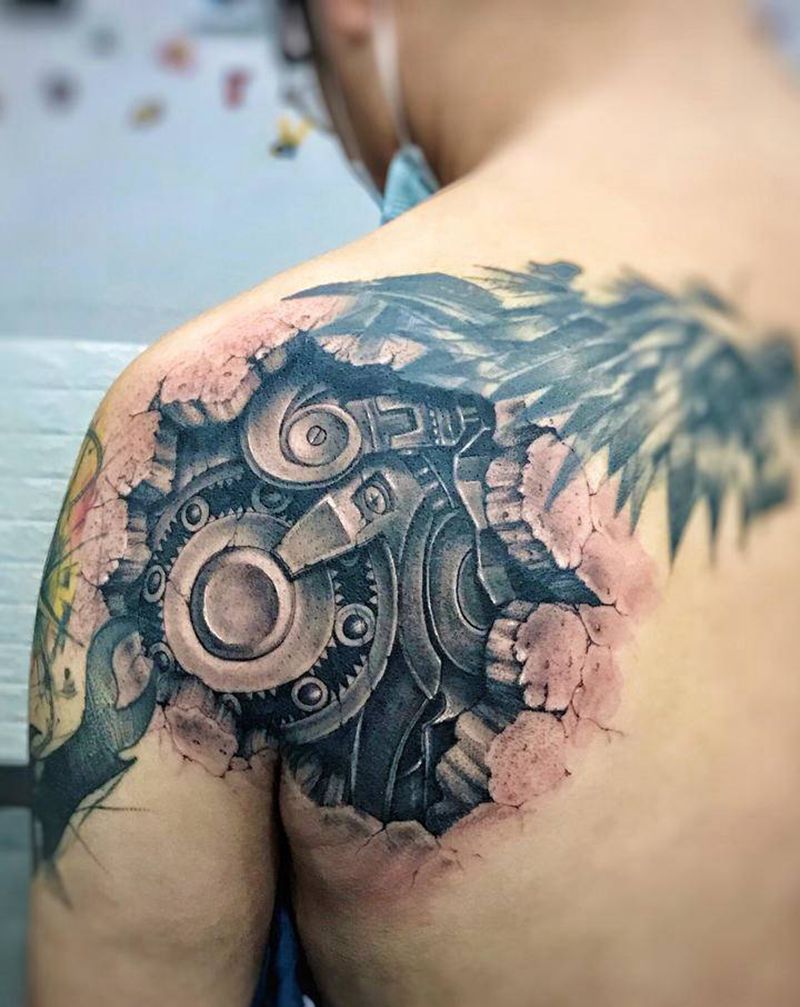 机械纹身图片_肩部背部欧美写实新传统纹身图案