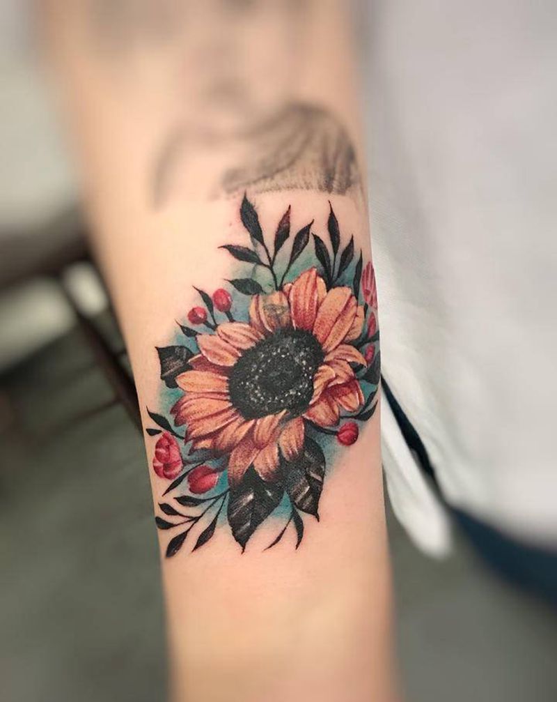 向日葵  。遮盖纹身图片_手臂手部水彩欧美写实纹身图案