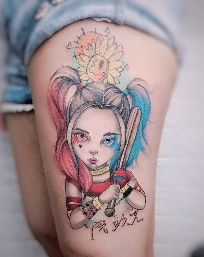 小丑女纹身图片_腿部脚部水彩新传统纹身图案