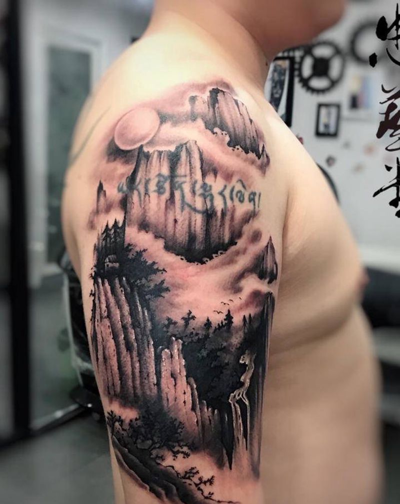 山水纹身图片_手臂手部水墨新传统纹身图案