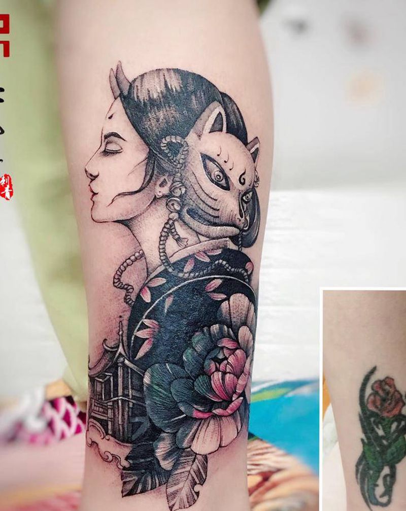 遮盖。艺妓纹身图片_脚部腿部新传统点刺纹身图案