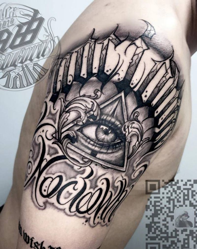 上帝之眼纹身图片_手臂花体字欧美写实纹身图案