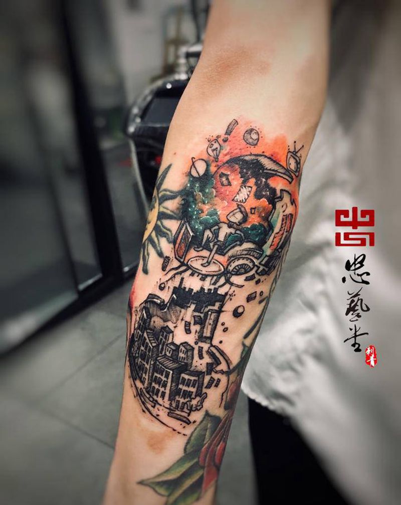 彩色小潮纹身图片_手部手臂新传统Old School纹身图案