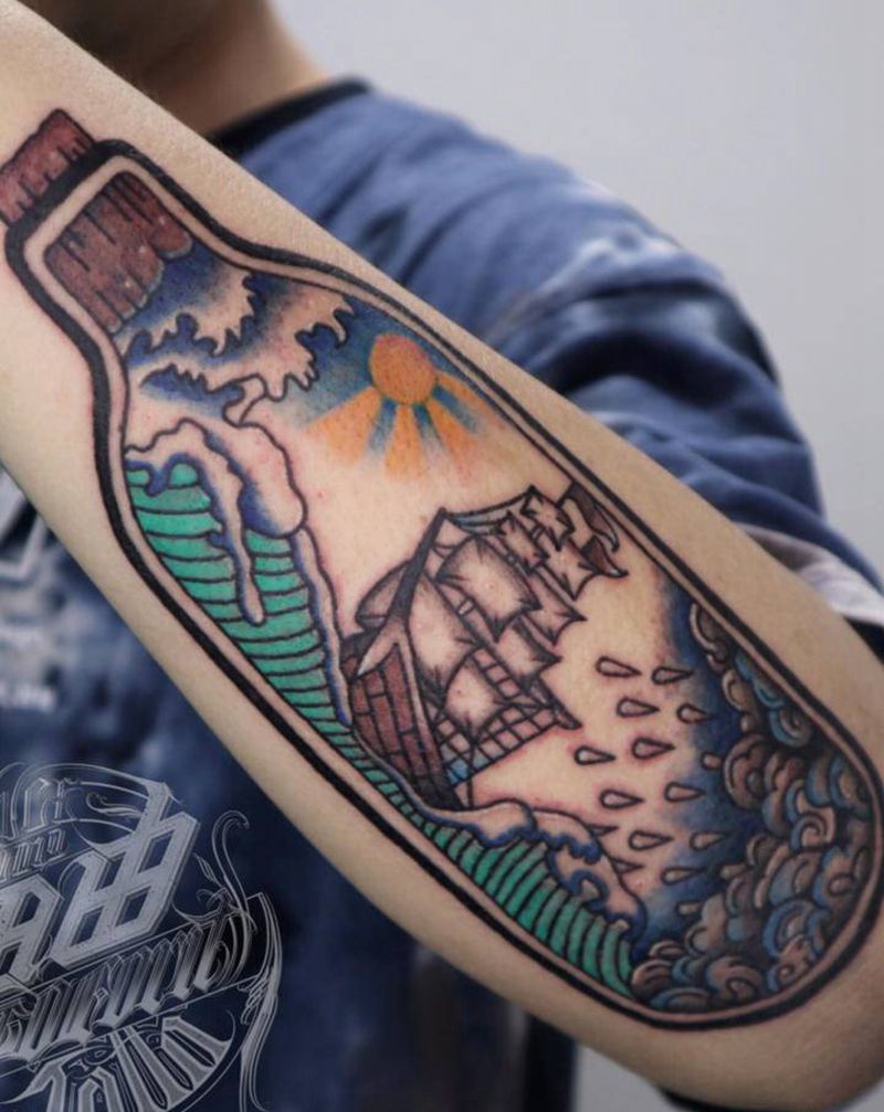 带着你的梦想乘风破浪不惧风雨纹身图片_手臂Old School纹身图案