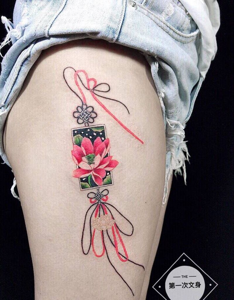 中国结纹身图片_腿部中国风纹身图案