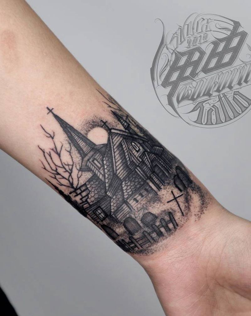 暗黑城堡纹身图片_手臂Old School纹身图案