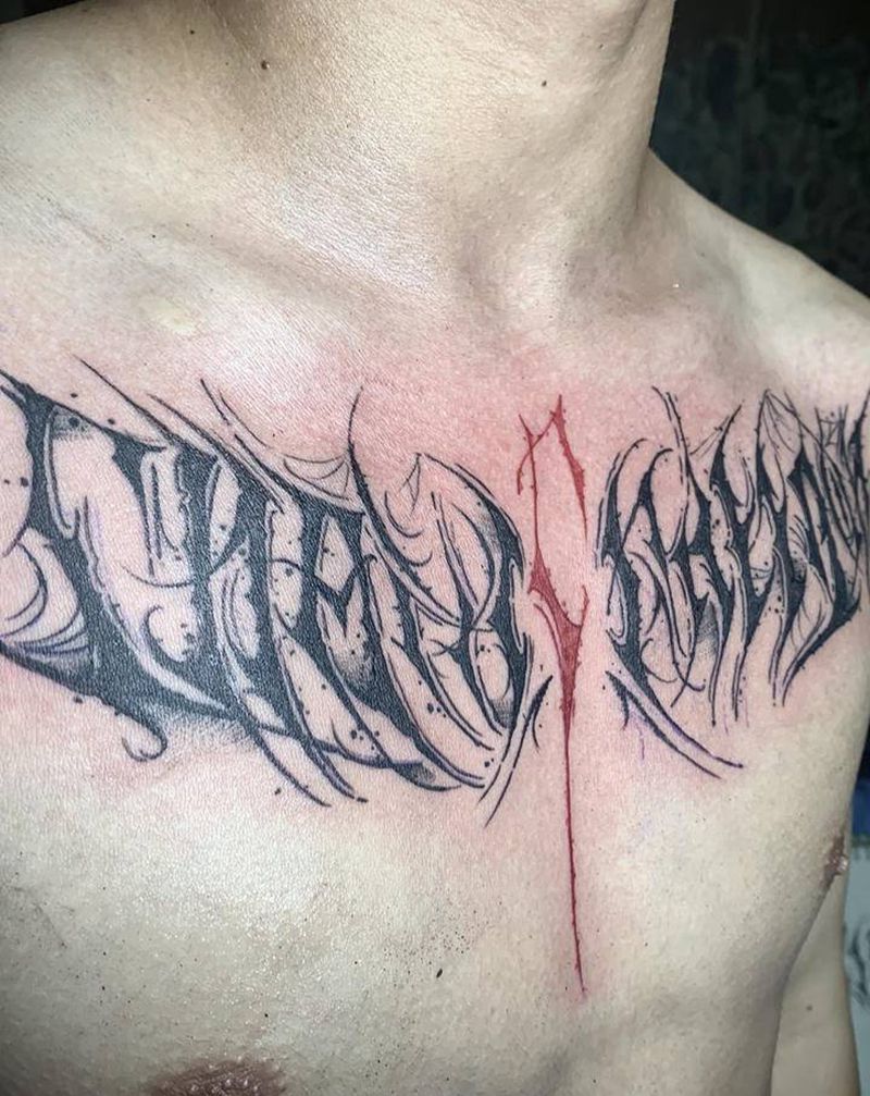 胸部花体纹身图片_胸部花体字纹身图案