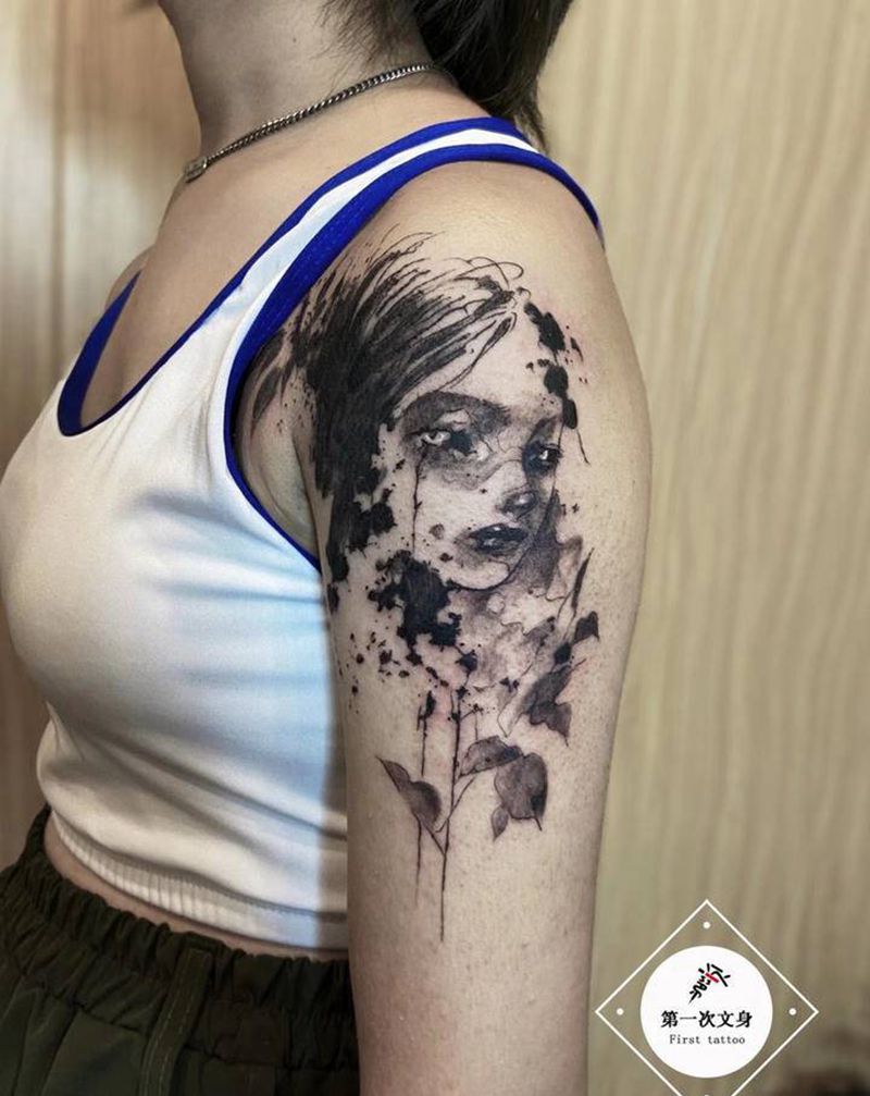 水墨女子纹身图片_手臂水墨纹身图案