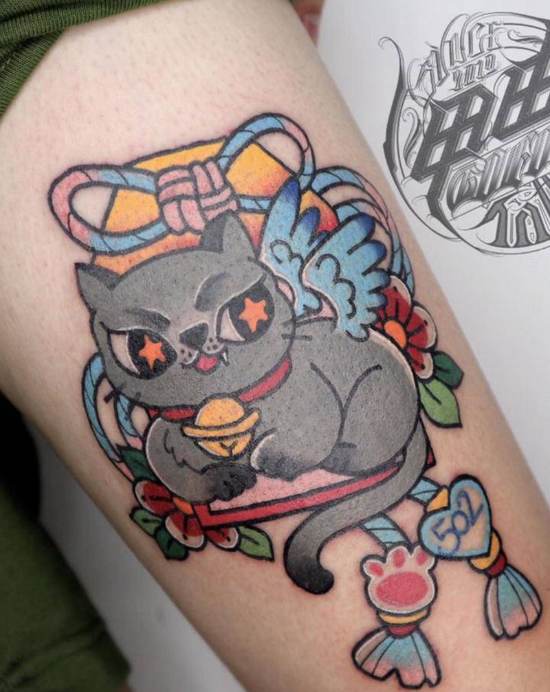 化作天使守护你～纹身图片_腿部Old School纹身图案