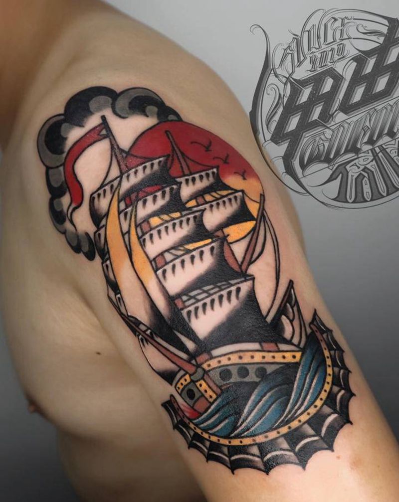 Old school帆船纹身图片_手臂Old School纹身图案