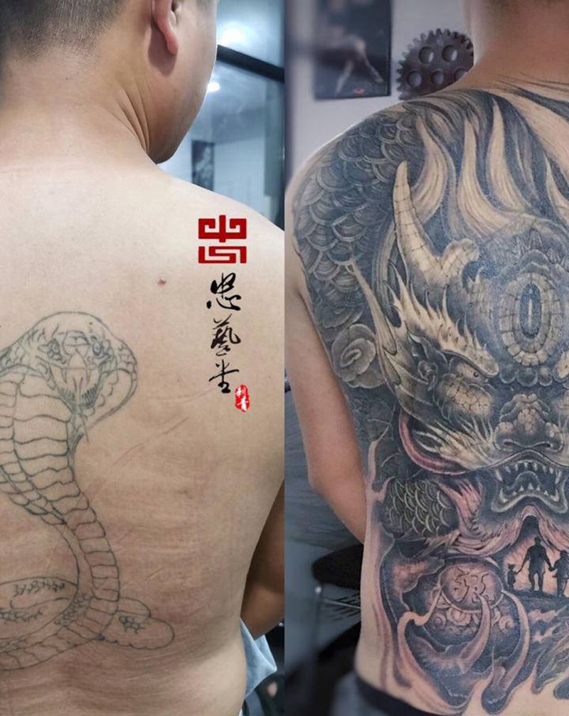 遮盖。龙纹身图片_背部腰部新传统老传统纹身图案