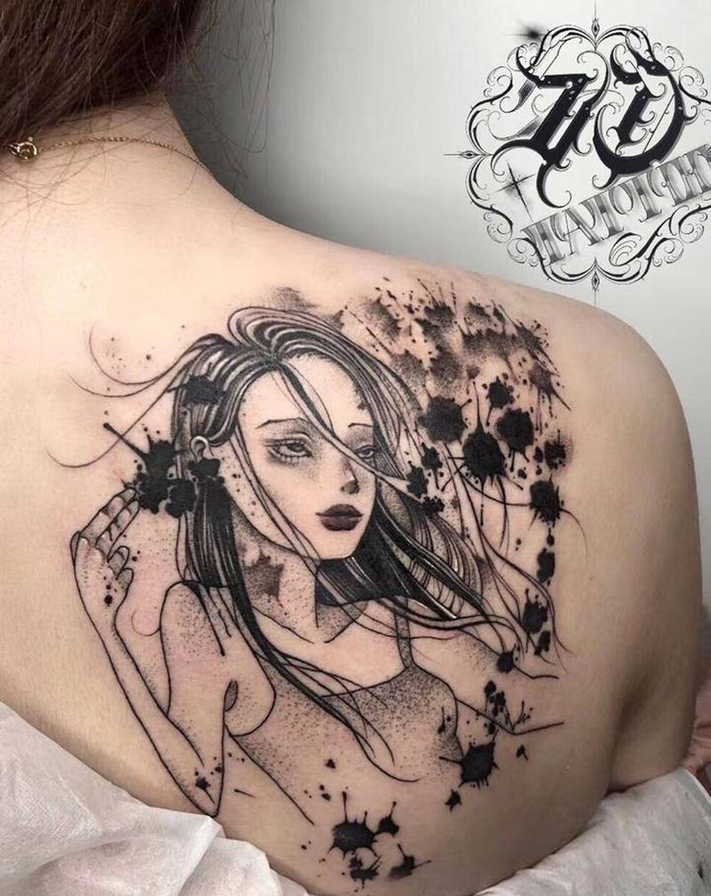 人質纹身图片_背部点刺水墨纹身图案