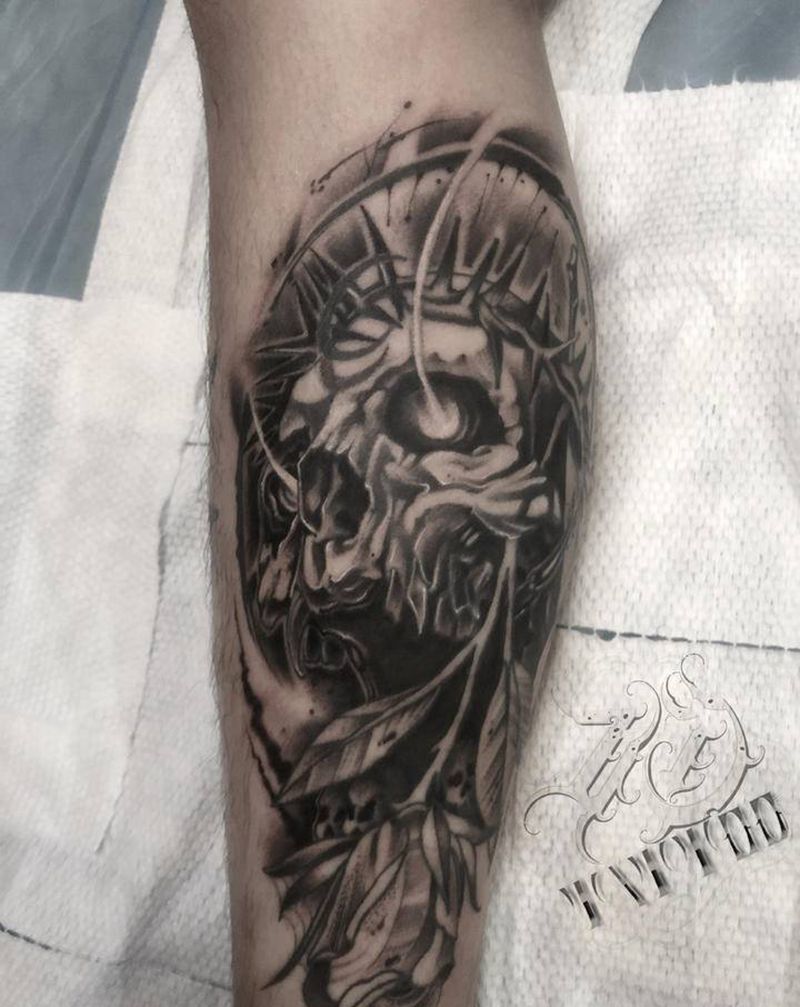 骷髅纹身图片_腿部欧美写实纹身图案