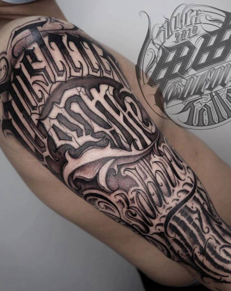 浪费时间就是掠夺自己纹身图片_手臂花体字纹身图案