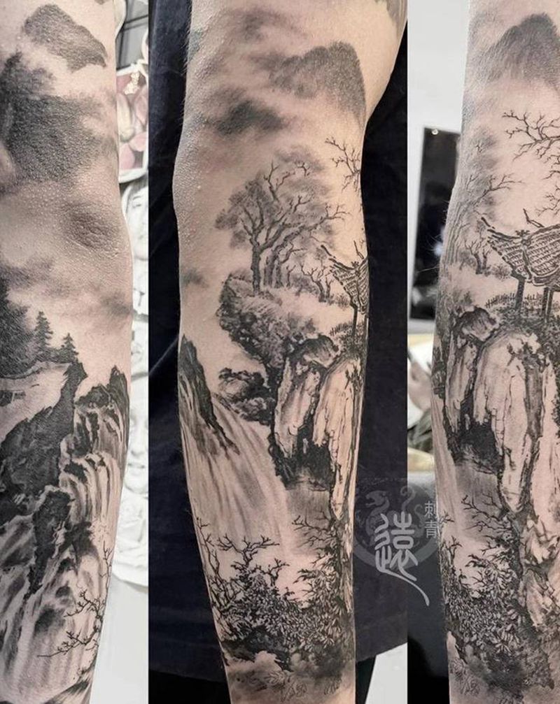 山水画纹身图片_手臂纹身图案