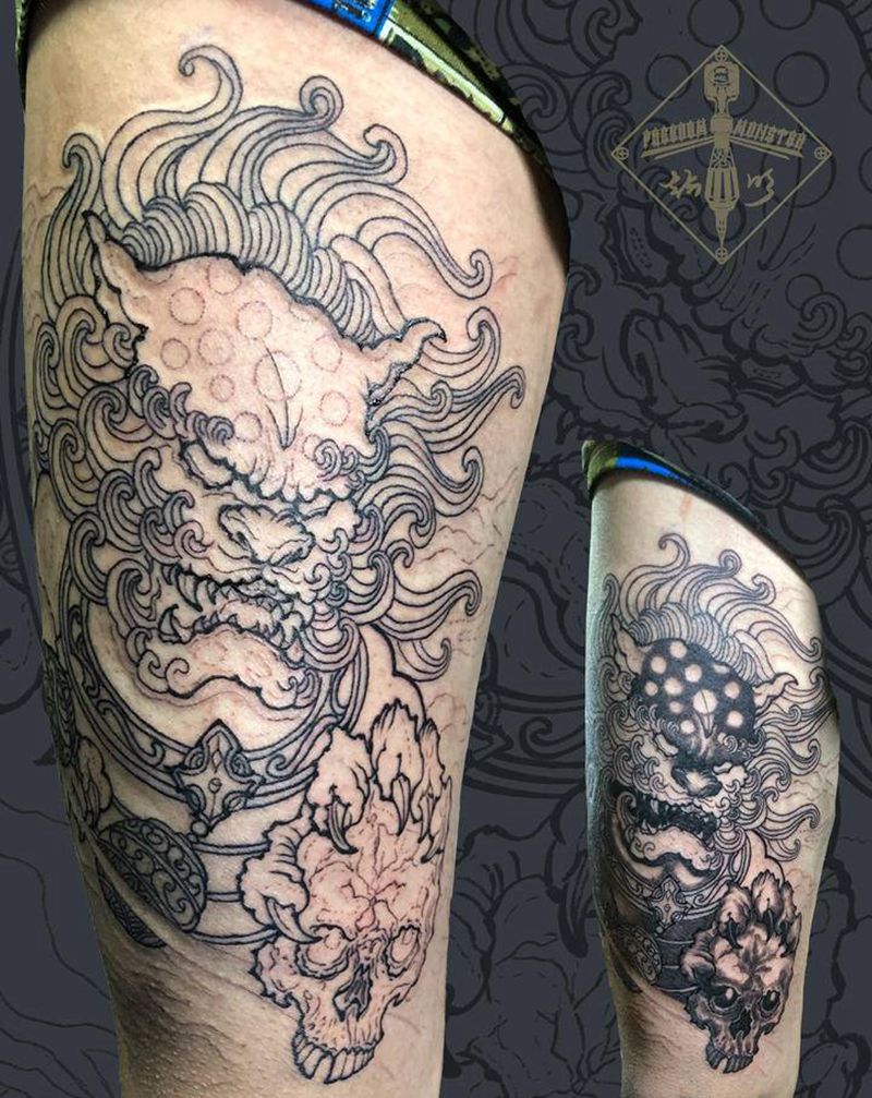 唐狮纹身图片_腿部新传统唐狮纹身图案