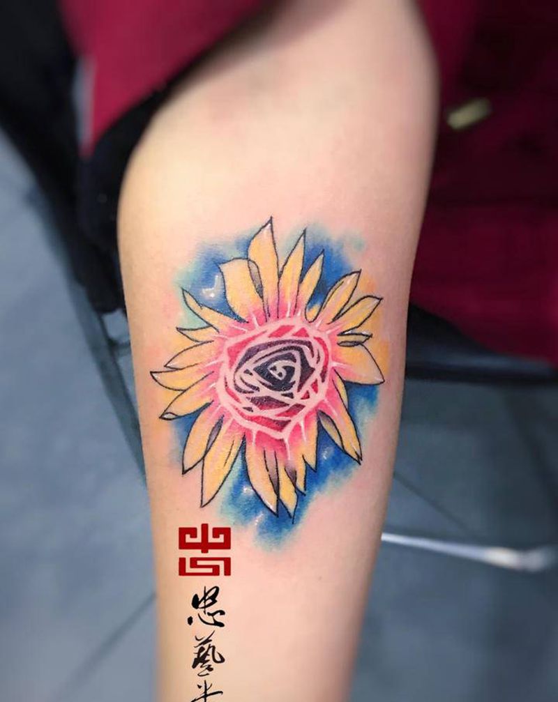 向日葵纹身图片_手臂手部水彩水墨纹身图案