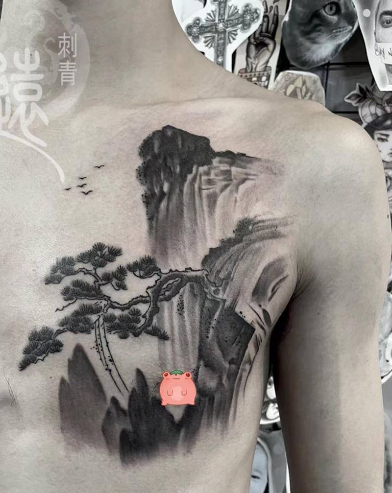 山水纹身图片_胸部纹身图案