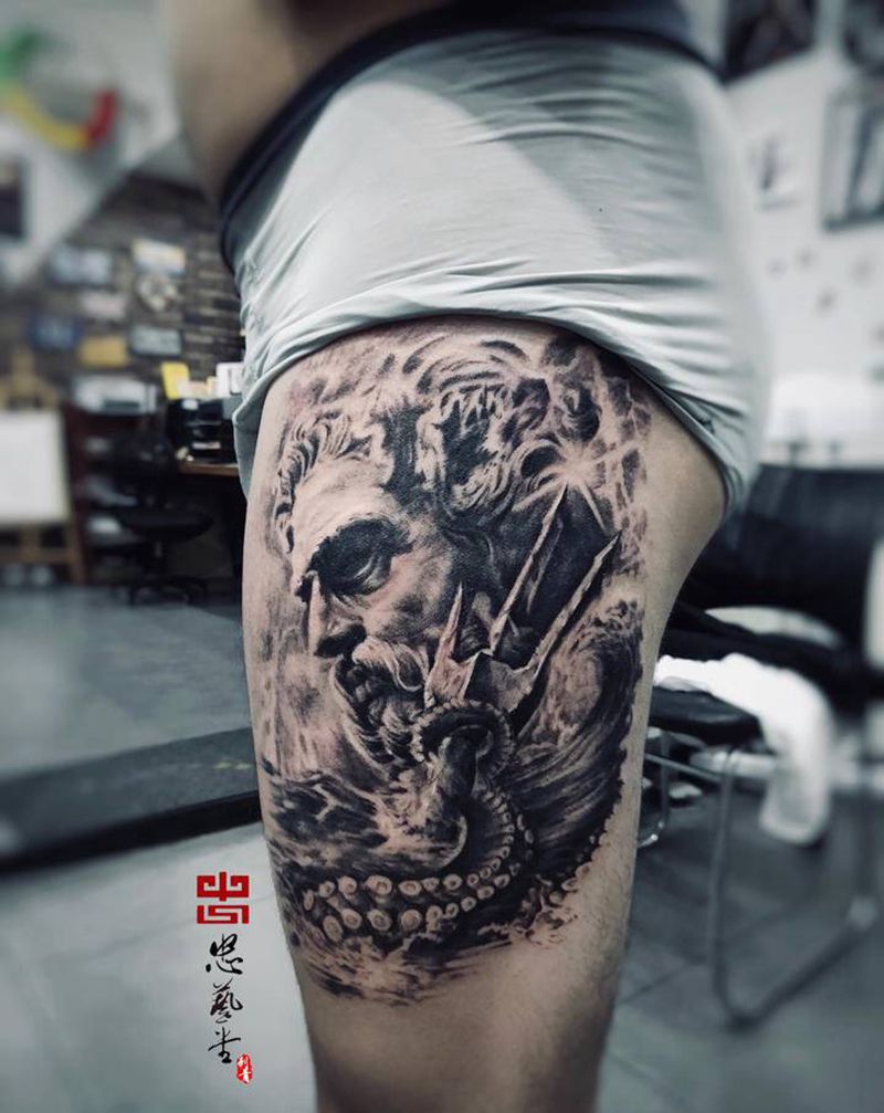 海神纹身图片_脚部腿部欧美写实纹身图案