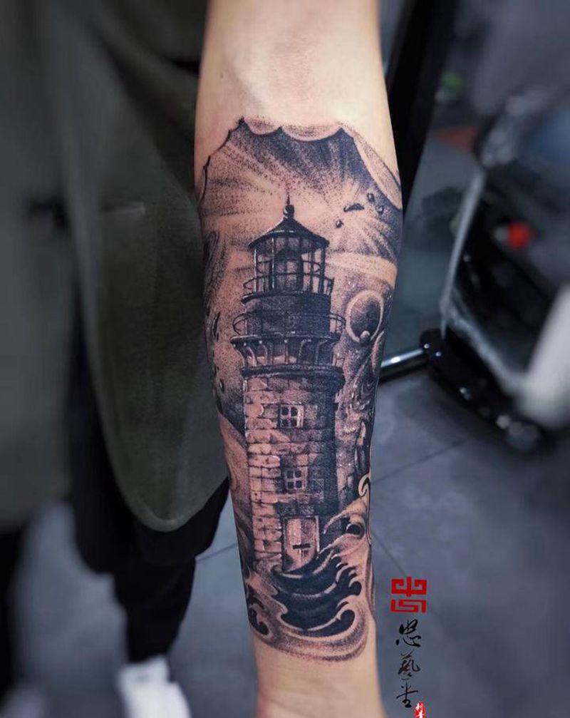 灯塔星空纹身图片_手部手臂欧美写实点刺纹身图案