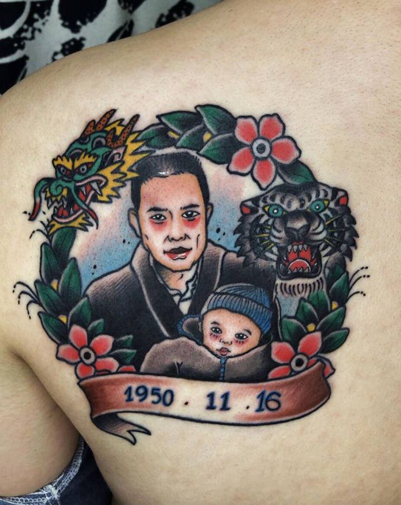 原创oldschool纹身图片_背部Old School龙人物老虎纹身图案