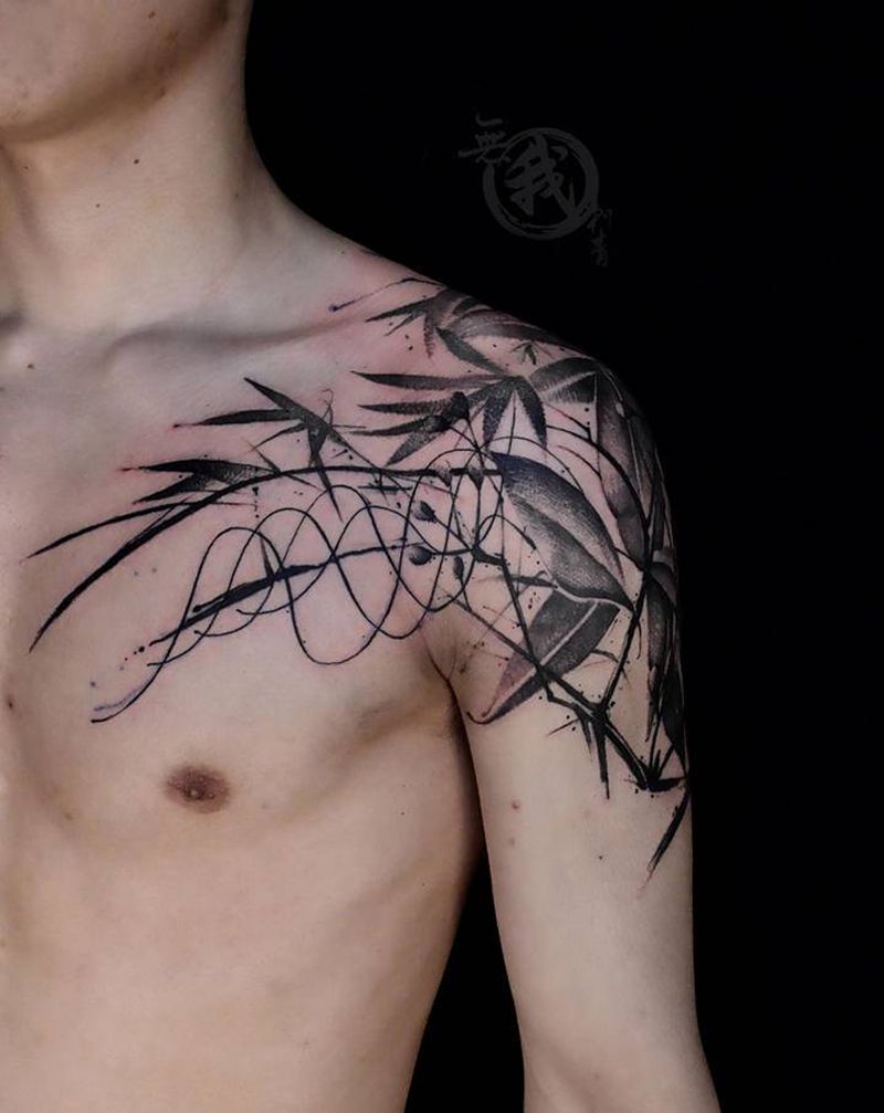 中国风纹身图片_肩部胸部水墨新传统纹身图案
