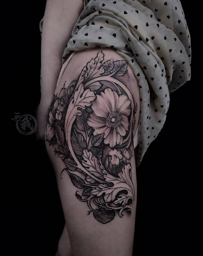 大腿花纹身图片_臀部腿部欧美写实花纹身图案
