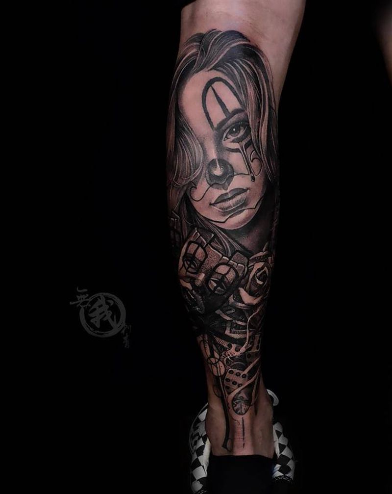 包腿纹身图片_腿部欧美写实西海岸纹身图案