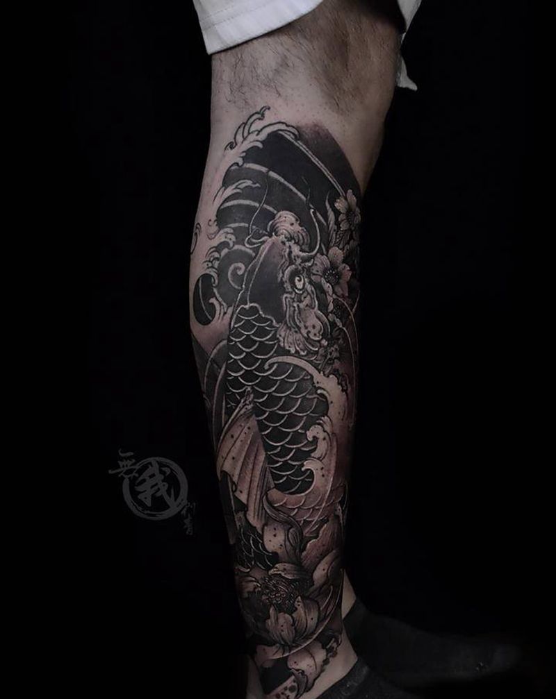 鲤鱼纹身图片_腿部新传统老传统纹身图案
