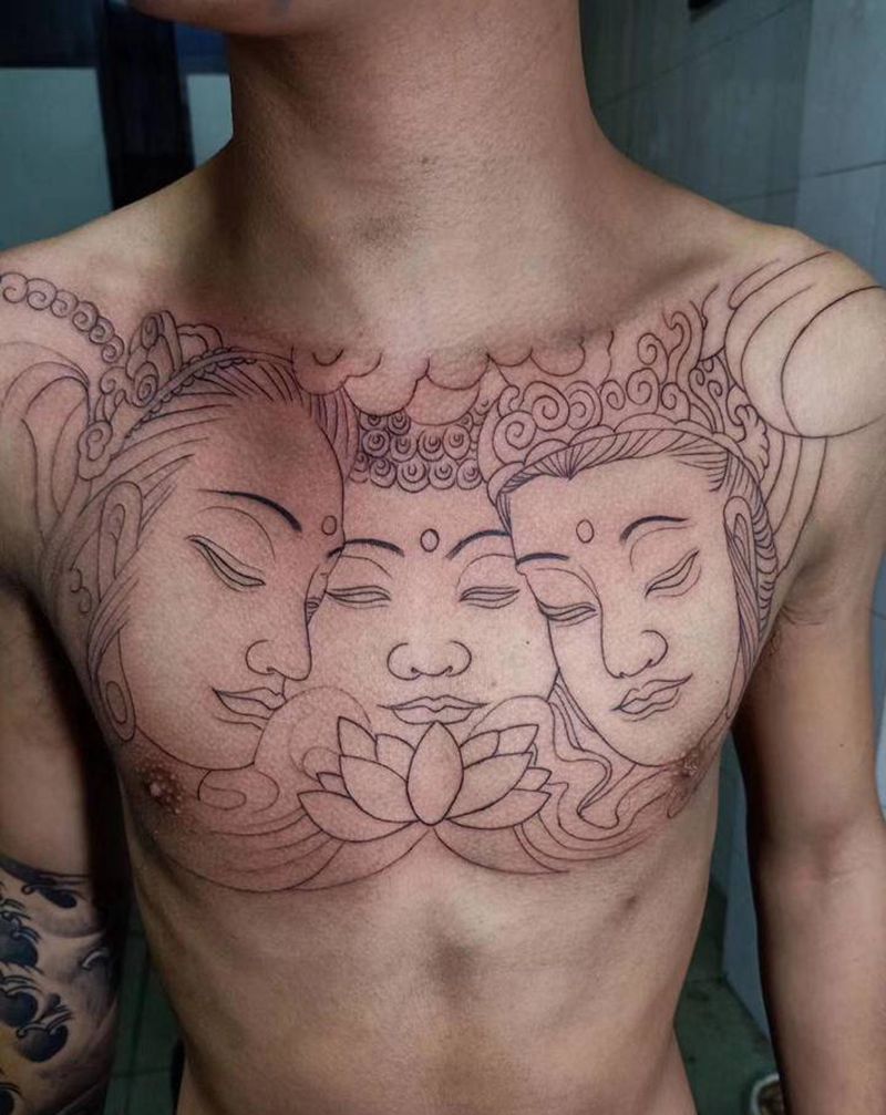 三面佛完成纹身图片_胸部老传统新传统纹身图案