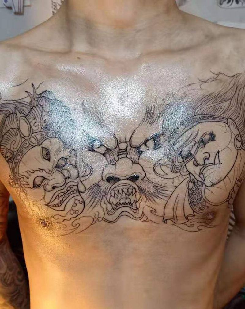 花胸线条完成纹身图片_胸部新传统纹身图案