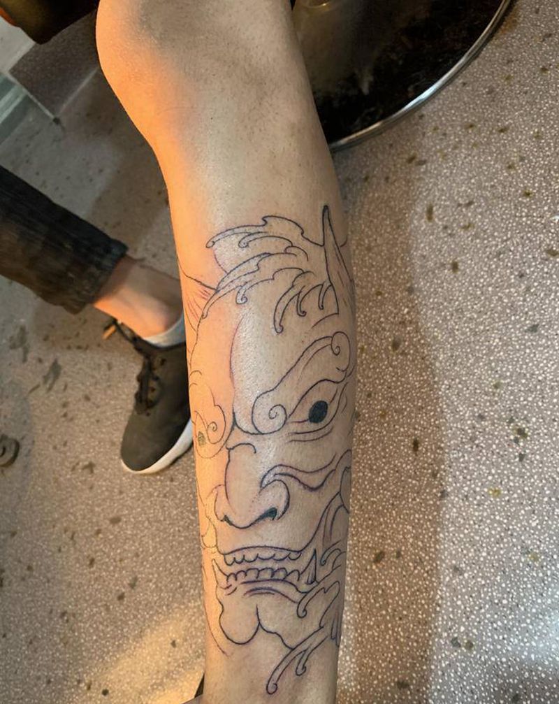 小腿般若纹身图片_腿部新传统纹身图案