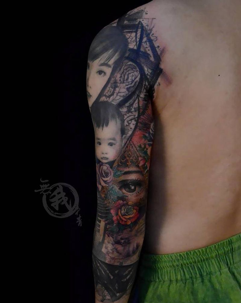 肖像全家福纹身图片_手部手臂欧美写实水彩纹身图案