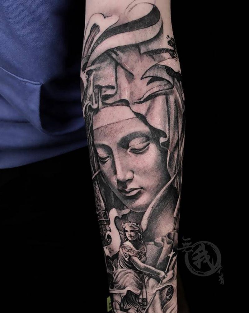 圣母纹身图片_手臂手部欧美写实花体字纹身图案