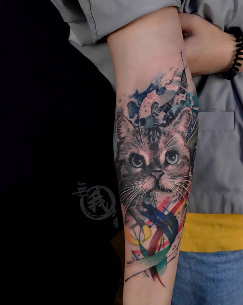 猫纹身图片_手臂手部欧美写实水彩遮盖纹身图案