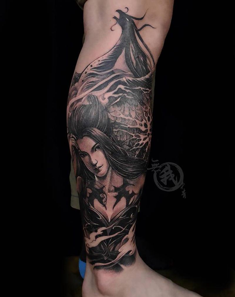 天行九歌纹身图片_腿部欧美写实新传统纹身图案