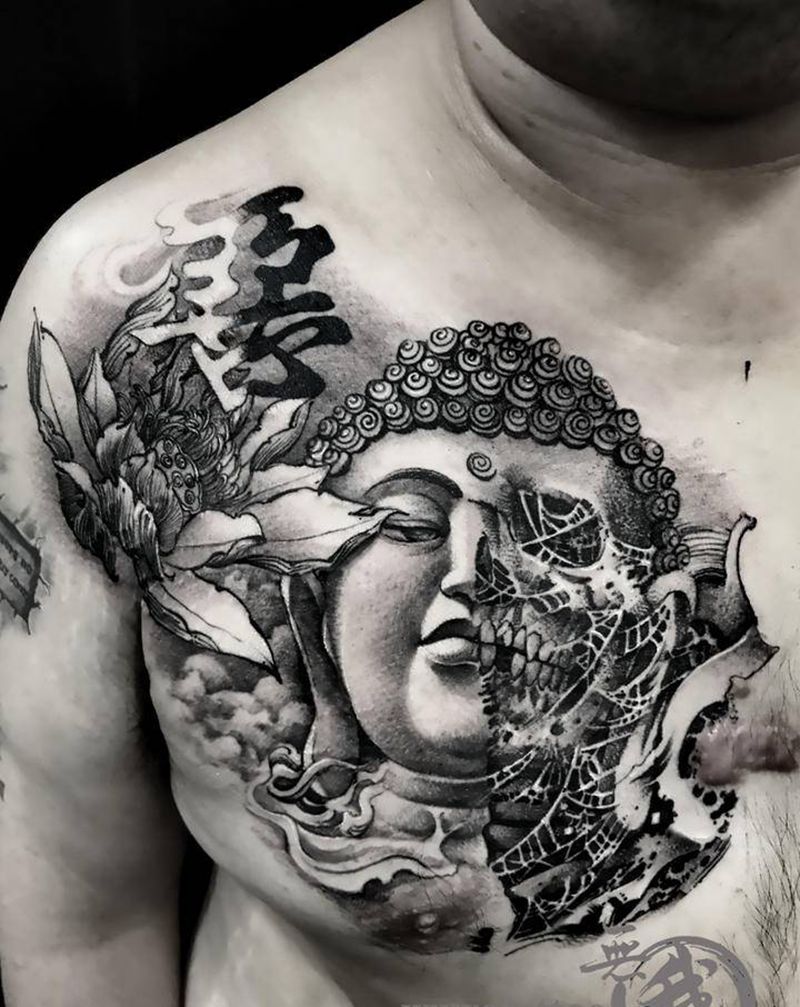 善恶纹身图片_胸部欧美写实纹身图案