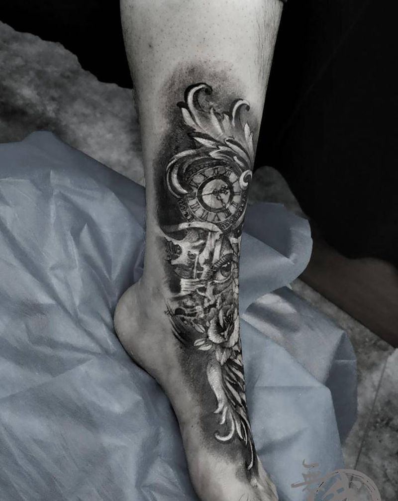 遮盖疤痕纹身图片_脚部欧美写实纹身图案