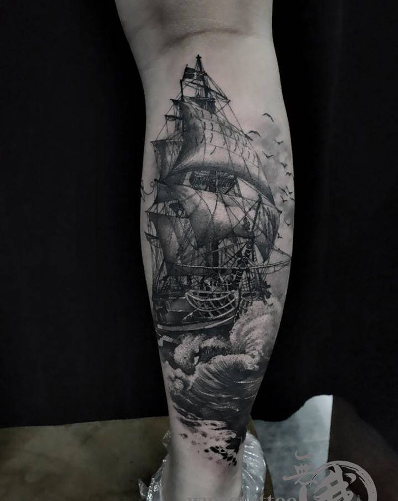 帆船⛵️纹身图片_腿部欧美写实纹身图案