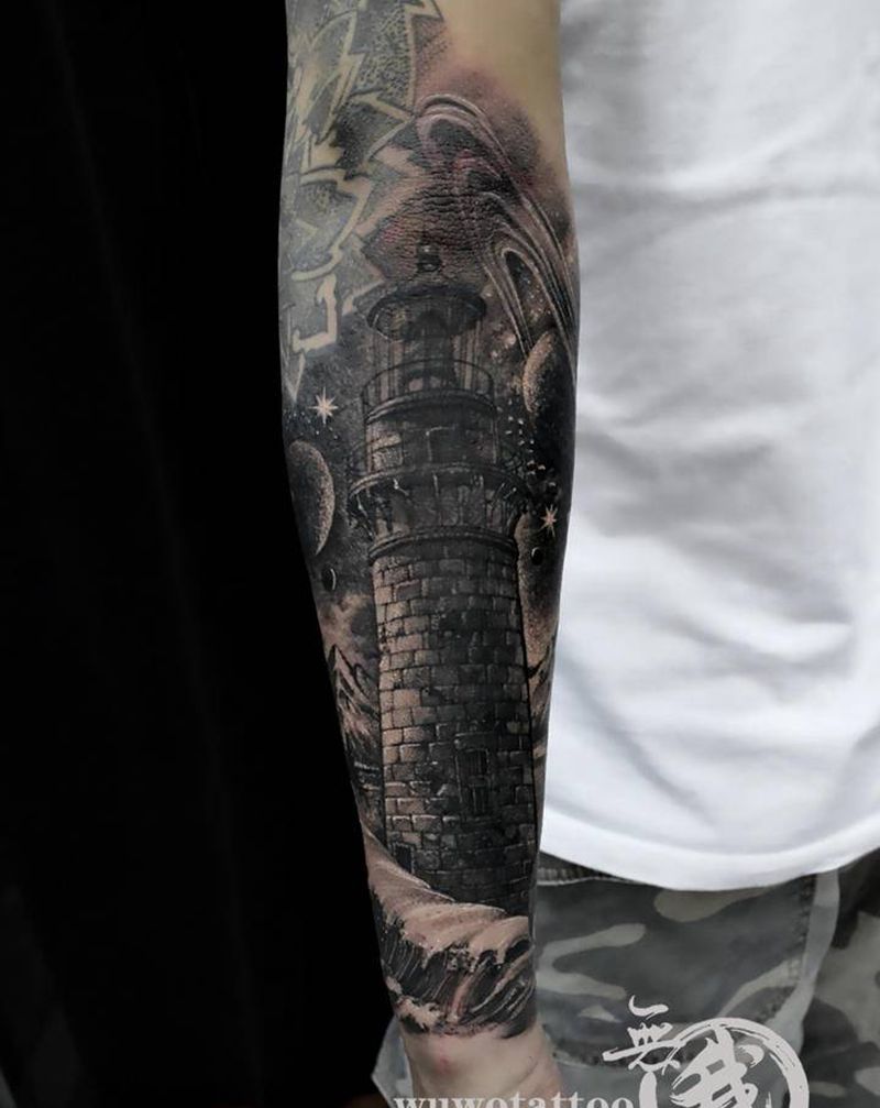 灯塔纹身图片_手部欧美写实纹身图案