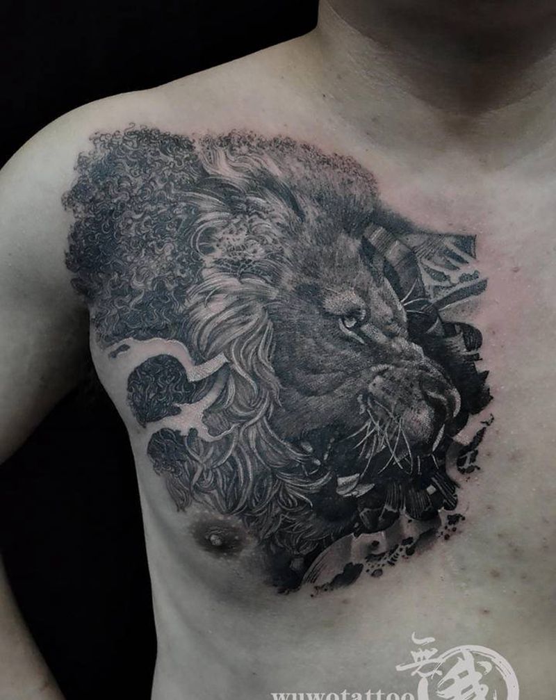 狮子遮盖旧图纹身图片_胸部欧美写实纹身图案