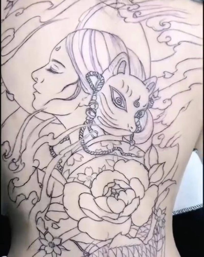 满背线纹身图片_背部新传统纹身图案