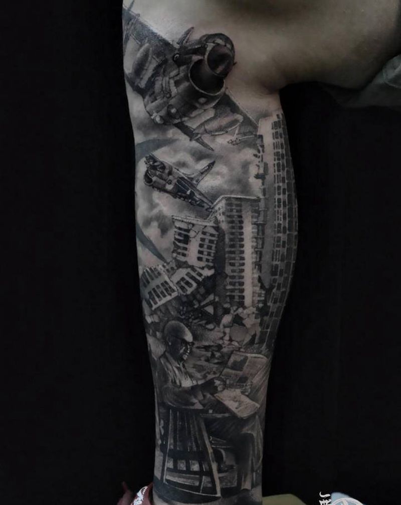 小腿全包纹身图片_腿部欧美写实纹身图案