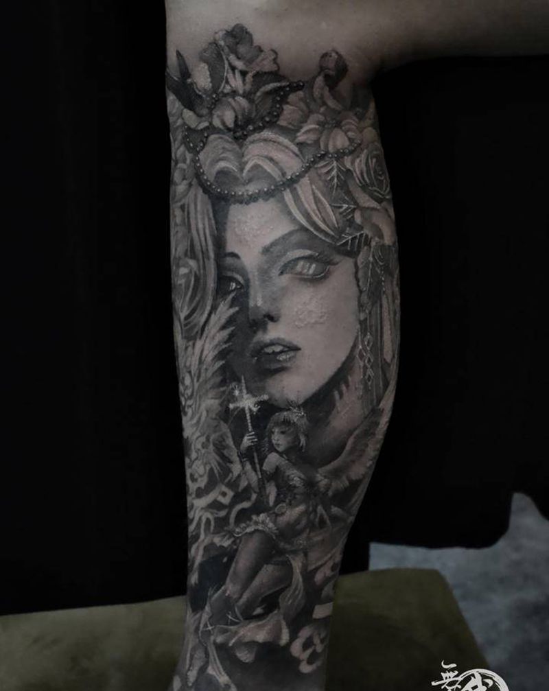 欧美黑灰纹身图片_脚部欧美写实纹身图案