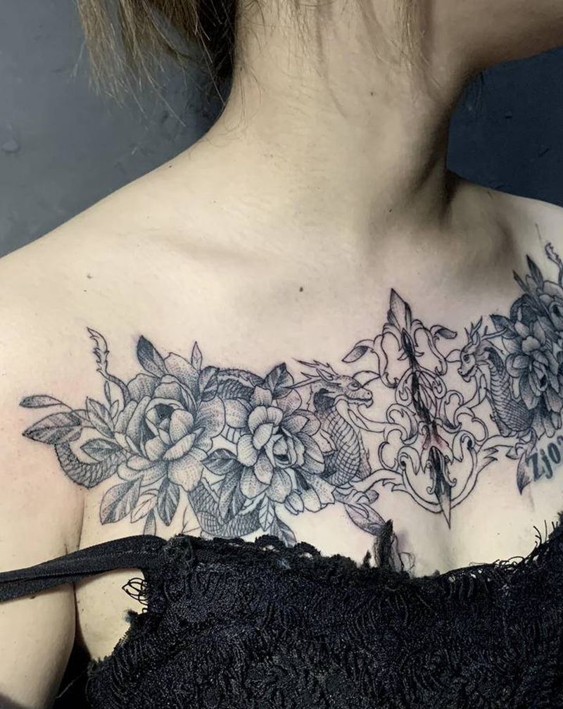 花胸纹身图片_胸部点刺纹身图案